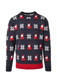 Pull tricoté bleu marine avec bordure rouge, présentant un motif festif de figures du Père Noël et de flocons de neige en blanc et rouge. Encolure ronde.