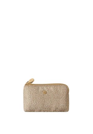 Petite pochette beige zippée avec motif texturé et tirette de fermeture éclair dorée, conçue pour transporter de petits objets ou accessoires.
