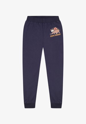 Pantalones de chándal de algodón azul marino con cinturilla elástica, puños acanalados y un gráfico de Dimetrodon en naranja y amarillo en la pierna izquierda.