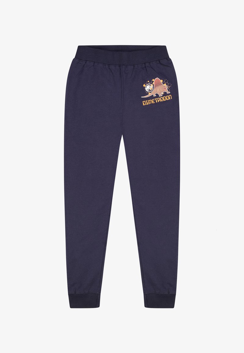 Marineblauwe katoenen joggingbroek met een elastische tailleband, geribbelde manchetten en een Dimetrodon-graphic in oranje en geel op het linkerbeen.