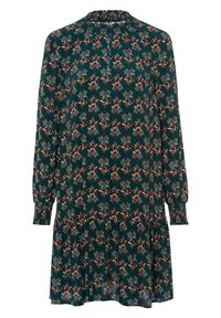Vestido de manga larga en verde oscuro con un patrón floral en beige y azul verdoso. Cuello fruncido y diseño de falda en capas. Textura de tela suave.
