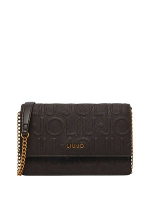 Sac bandoulière en cuir noir avec motif logo LIU JO embossé et bandoulière chaîne dorée, logo métallique doré LIU JO sur le rabat avant.
