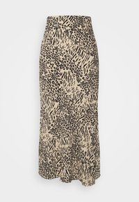 falda midi de estampado de leopardo con cintura alta ajustada, confeccionada en un tejido ligero, que presenta una silueta fluida y una textura sutil.