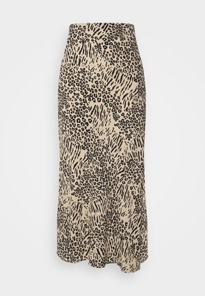 Midi sukně s leopardím vzorem a přiléhavým vysokým pasem, vyrobená z lehkého materiálu, která má splývavý siluetu a jemnou texturu.