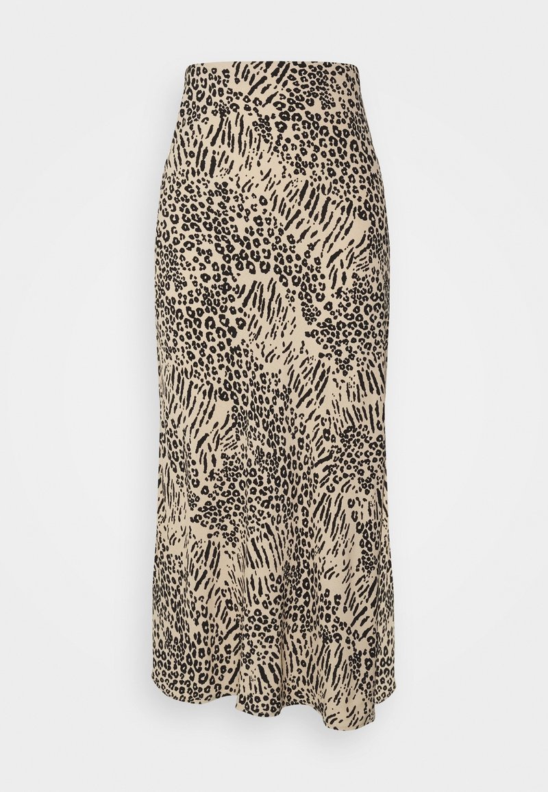 falda midi de estampado de leopardo con cintura alta ajustada, confeccionada en un tejido ligero, que presenta una silueta fluida y una textura sutil.