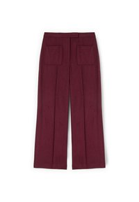 Bordowe spodnie o szerokich nogawkach z dwoma przednimi kieszeniami, plisami z przodu i gładką fakturą. Charakteryzują się prostym krojem i dopasowanym fasonem.