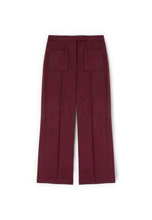 Bordowe spodnie o szerokich nogawkach z dwoma przednimi kieszeniami, plisami z przodu i gładką fakturą. Charakteryzuj�ą się prostym krojem i dopasowanym fasonem.