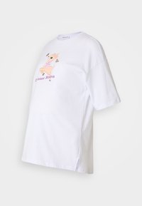 White cotton t-shirt with short sleeves, featuring a colorful cartoon deer graphic and text "Drama Mama" in pink. Side slits at the hem.
