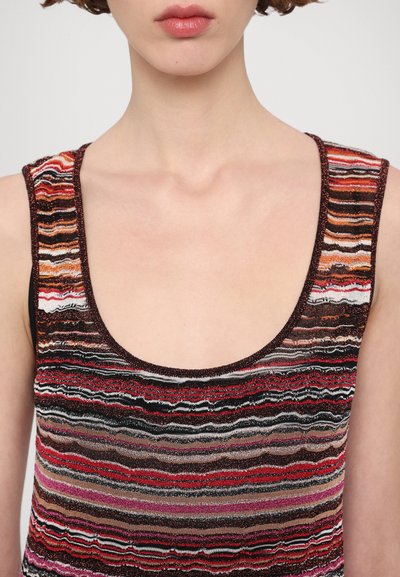 Sleeveless top with a wide scoop neckline, featuring multicolored horizontal stripes in shades of red, brown, pink, and white with a textured finish.