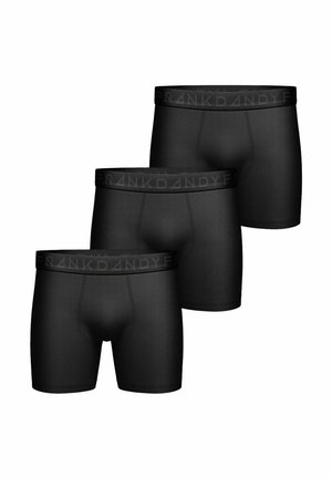 Schwarze Boxershorts im Dreierpack, mit glatter Textur und einem elastischen Bund, auf dem der Markenname in Schwarz aufgedruckt ist.