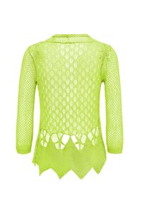 Pulover tricotat de culoare verde lime, cu o țesătură deschisă, mâneci lungi și un tiv cu borduri ondulate, având detalii decupate la marginea inferioară.