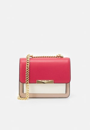 Compact leather shoulder bag with a bright pink flap, cream body, and beige bottom; features gold chain strap and logo hardware.