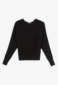 Pull noir à manches longues en maille avec texture côtelée, col rond et poignets ajustés, posé à plat sur un fond blanc.