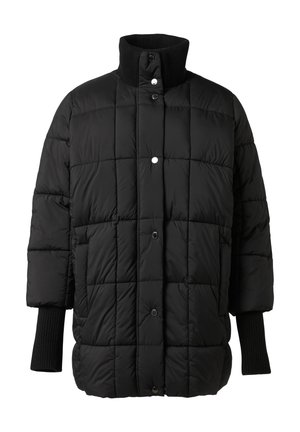 Schwarze gepolsterte Jacke mit hohem Kragen, Druckknöpfen und gerippten Bündchen. Boxy-Silhouette mit steppiger Stofftextur und seitlichen Taschen.
