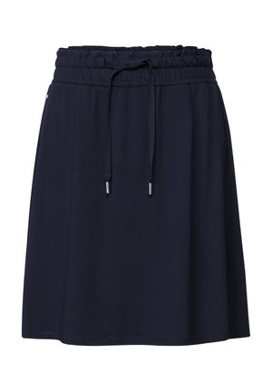 Gonna blu navy, lunga fino al ginocchio, realizzata in un tessuto morbido. Presenta un elastico in vita con cordoncino e dettagli in metallo argentato.