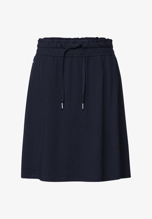 Jupe bleu marine, à hauteur des genoux, en tissu doux. Elle dispose d'une taille élastique avec un cordon de serrage et des accents en métal argenté.