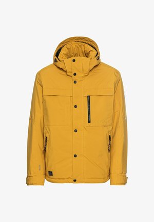 Gelbe isolierte Jacke mit hohem Kragen, Reiß- und Druckknopfverschlüssen, mehreren Taschen und detaillierten Nähten. Leicht strukturiertes Material.