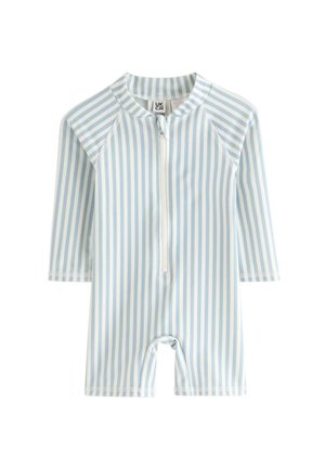 Rashguard-badetøj i lyseblå og hvide striber med lynlås foran, lange ærmer og tæt pasform for solbeskyttelse.