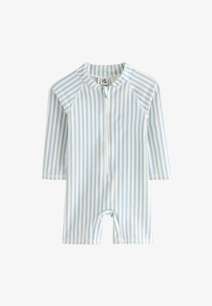 Rash guard swimsuit in pale blue and white stripes, featuring a zip front, long sleeves, and a close-fitting design for sun protection.