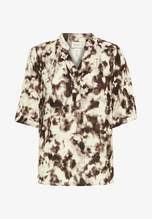 Blusa a maniche corte in un motivo astratto bianco, marrone e nero. Presenta un colletto a intaglio e un tessuto testurizzato per un tocco di maggiore dettaglio.