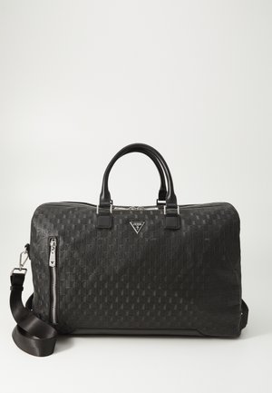 Black synthetic handbag with woven texture, dual handles, and detachable strap. Features a zip closure and logo accent.