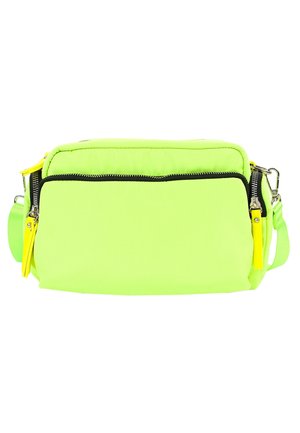 Petit sac bandoulière vert néon avec deux compartiments zippés et tirettes de fermeture éclair jaunes, sur fond blanc.