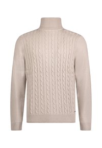 Gestrickter Rollkragenpullover in hellbeige. Mit gerippten Bündchen und Saum, strukturiertem Muster und figurbetonter Silhouette.
