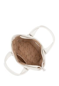 White tote bag with a soft texture, two handles, and an interior featuring a light brown lining with a repeating brand logo pattern.