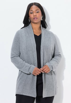 Grauer Cardigan aus weichem Stoff, mit einem Schalkragen, offenem Frontdesign und langen Ärmeln. Keine Verschlüsse, mit Seitentaschen.
