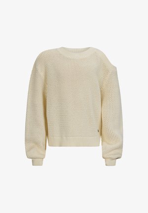 Khaki gebreide trui met een loose fit, voorzien van een ronde halslijn, een textuurpatroon en geribde mouwen en zoom. Eén schouder heeft een open detail.