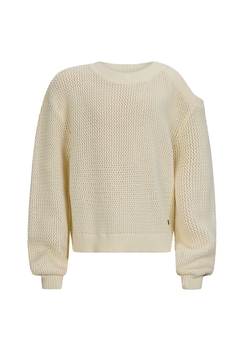 Beige gestrickter Pullover mit lockerer Passform, runder Ausschnitt, strukturiertem Muster und gerippten Bündchen und Saum. Eine Schulter hat ein offenes Detail.