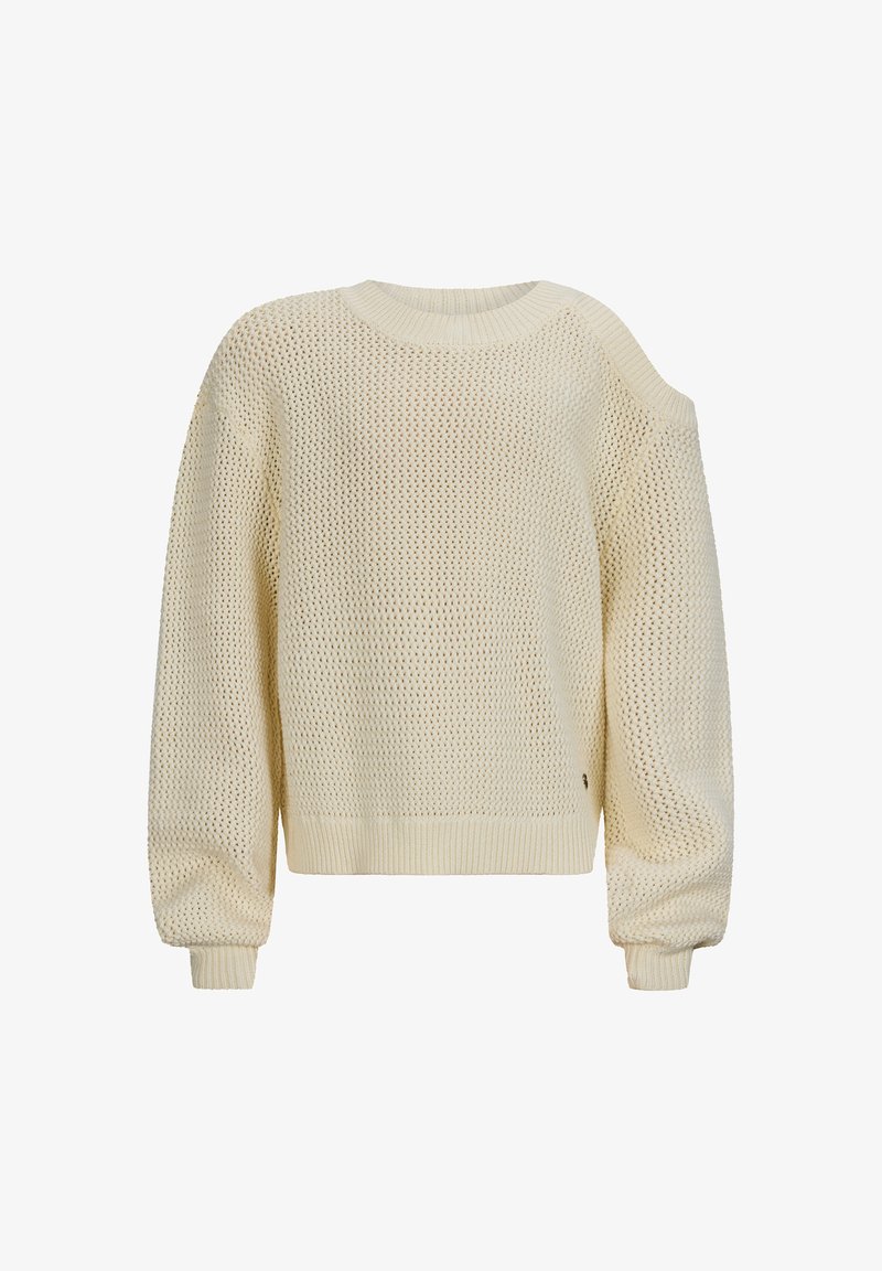 Khaki sweter dzianinowy o luźnym kroju, z okrągłym dekoltem, teksturowanym wzorem oraz ściągaczami na rękawach i u dołu. Jeden z ramion ma wycięcie.