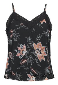 Svart ärmlös topp med spetskant, prydd med ett blommönster i rosa, orange och blått. Flödande tyg, v-ringad design, avslappnad passform.