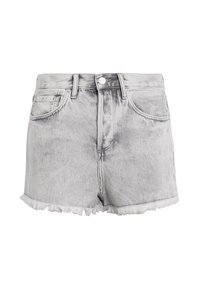 Shorts de mezclilla gris claro con dobladillo deshilachado, diseño de cintura alta, cinco bolsillos y cierre frontal con botón. Textura desgastada en toda la prenda.