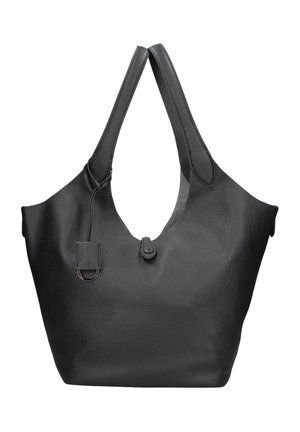 Sac cabas en cuir noir grainé avec deux bretelles, une fermeture par languette à l'avant et une petite étiquette en cuir attachée avec un anneau en métal.