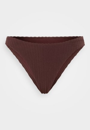 Maroon ribbed bikini bottom with a low-rise design, featuring scalloped edges and smooth texture. Suitable for swimwear or loungewear.