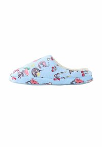 Blaue Stoffpantoffeln mit einem gesteppten Design und bunten Druckmustern von Lebensmitteln und Getränken. Weiche Innenauskleidung für zusätzlichen Komfort.
