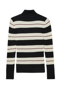 Geribbelde coltrui met horizontale strepen in zwart, crème en bordeauxrood. Lange mouwen met aangesloten manchetten en een rechte zoom.