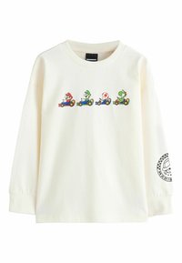 Weißes Sweatshirt mit langen Ärmeln, das bunte Comicfiguren in Go-Karts zeigt, die quer über die Brust gedruckt sind. Logo auf dem rechten Ärmel.