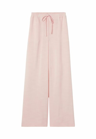 Pantalon rose pâle à jambes larges avec ceinture élastique et cordon de serrage, présenté à plat sur un fond blanc.