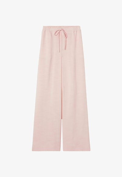 Pantalon rose pâle à jambes larges avec ceinture élastique et cordon de serrage, présenté à plat sur un fond blanc.