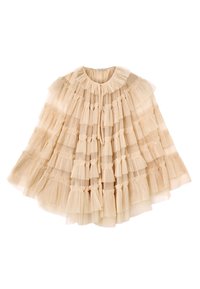 Beige tulle-kappa med volangdesign och lager i varierande längder, elastisk krage och mjuk textur. Lätt och luftig känsla.