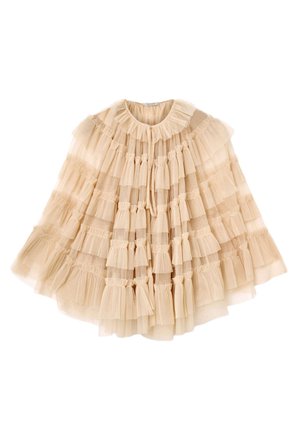 Beżowy szyfonowy płaszcz z falbaniastym, warstwowym wzorem, elastycznym kołnierzem i różnymi długościami warstw. Miękka faktura, lekka i przewiewna.