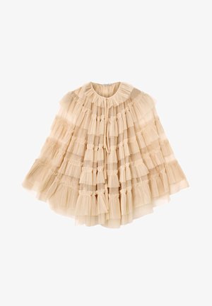 Cape in tulle beige con design a strati arricciati, colletto elastico e lunghezze variabili dei strati. Texture morbida, leggero e aspetto arioso.