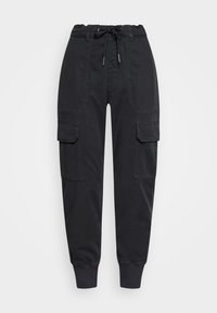 Cargo byxor i svart bomullsblandning, med dragsko i midjan, två sidofickor, elastiska muddar och en mjuk textur.