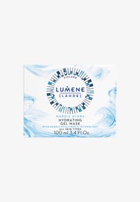 L'emballage du masque en gel hydratant Lumene Nordic Hydra présente un fond blanc avec des tourbillons bleus, un texte en bleu et en noir, et des icônes centrées.