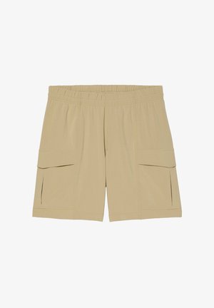 Beige cargo shorts lavet af letvægtsstof. Har en elastisk talje og to sidelommer. Simpelt design, knælang pasform.