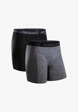 Dos pares de bóxer para hombre, uno en negro sólido y el otro en gris jaspeado, con cinturillas elásticas negras que presentan una marca blanca.