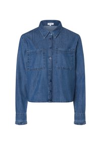 Korte denim blouse in donkerblauw, met twee voorzakken, een knoopsluiting en een klassieke kraag. Gestructureerde stof met manchetdetails.