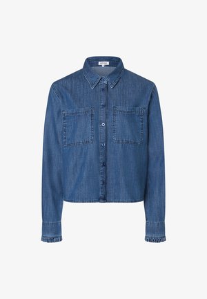 Abgeschnittenes Denim-Hemd in Dunkelblau, mit zwei vorderen Taschen, einer Knopfverschluss und einem klassischen Kragen. Texturierten Stoff mit Manschettendetails.